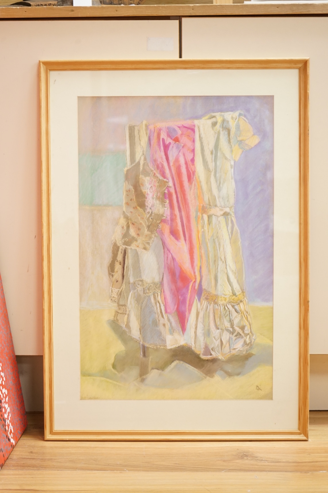 DI (20th century), A study of clothes strewn over a chair, signed lower right, pastel on paper, 58cm x 37cm